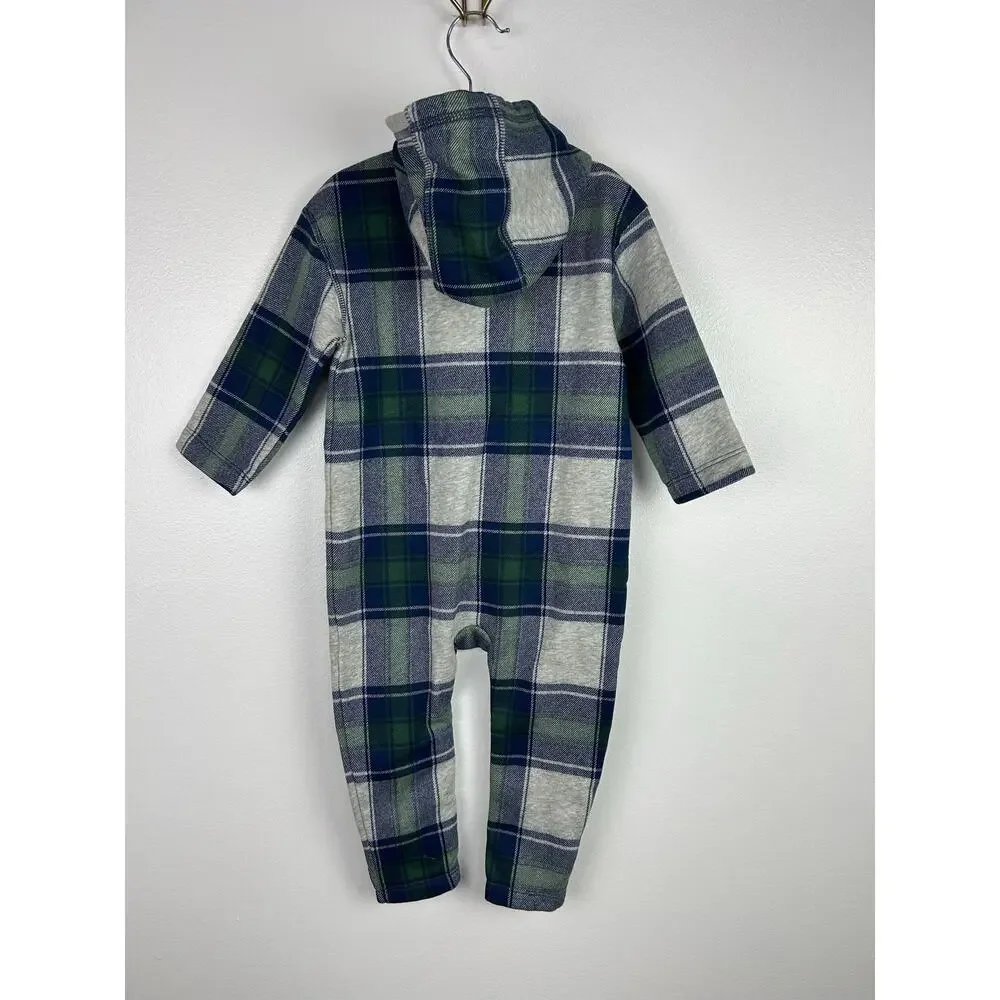 Baby Gap Navy Green Plaid Hooded One-Piece Outfit Embroidered Bear 18-24 Months